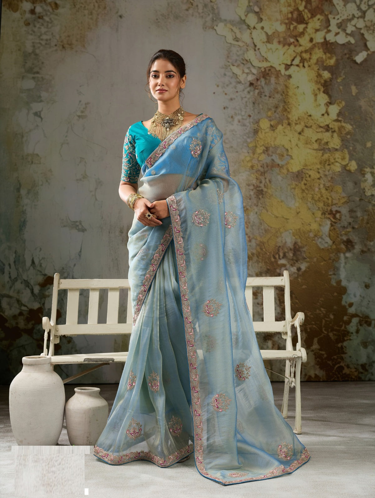 Metallic Tissue Saree with Pita Zari & Antique Sleeve-Embroidered Satin Blouse