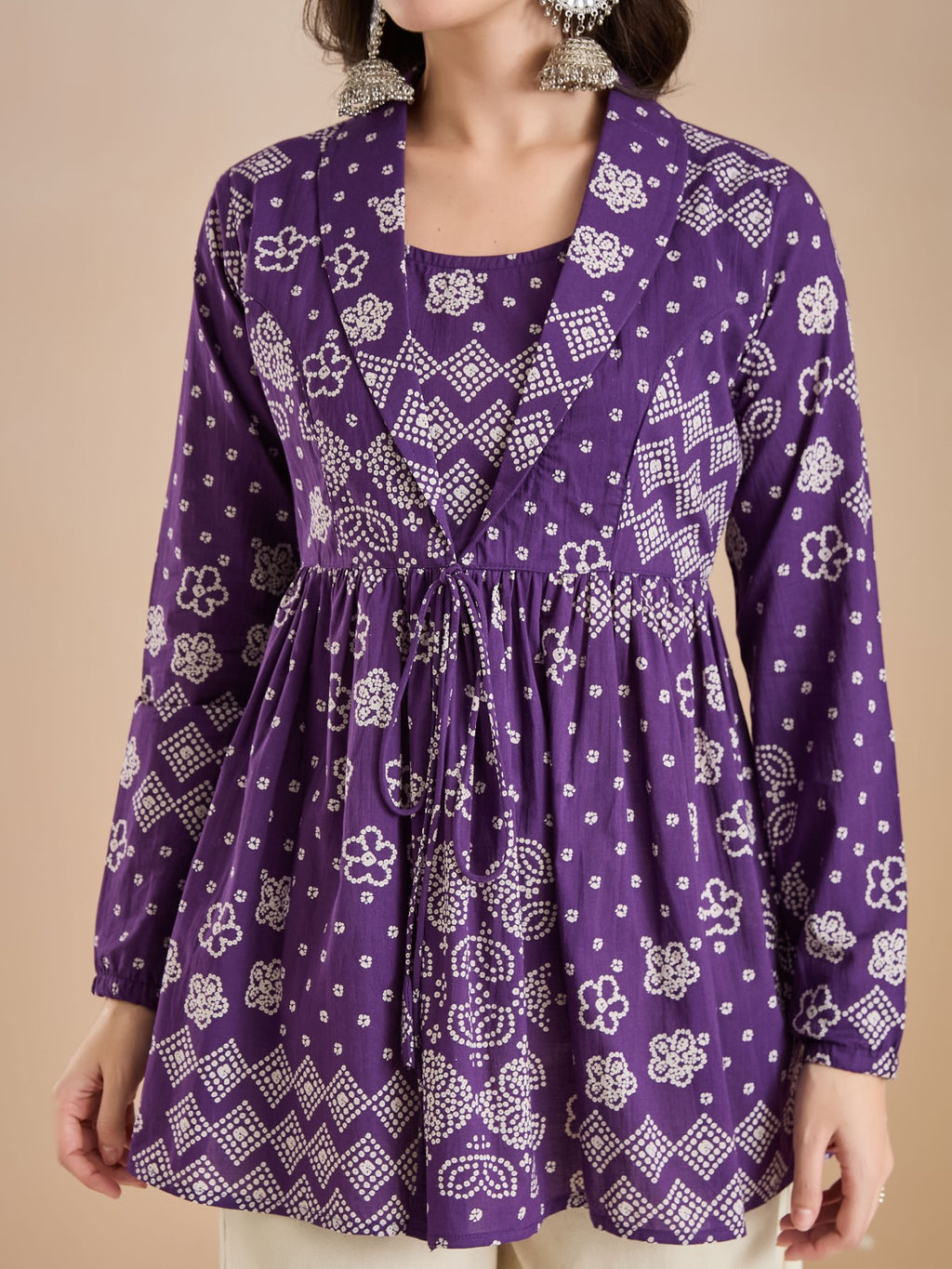 Purple Bandhani Print Cotton Peplum Fit Top
