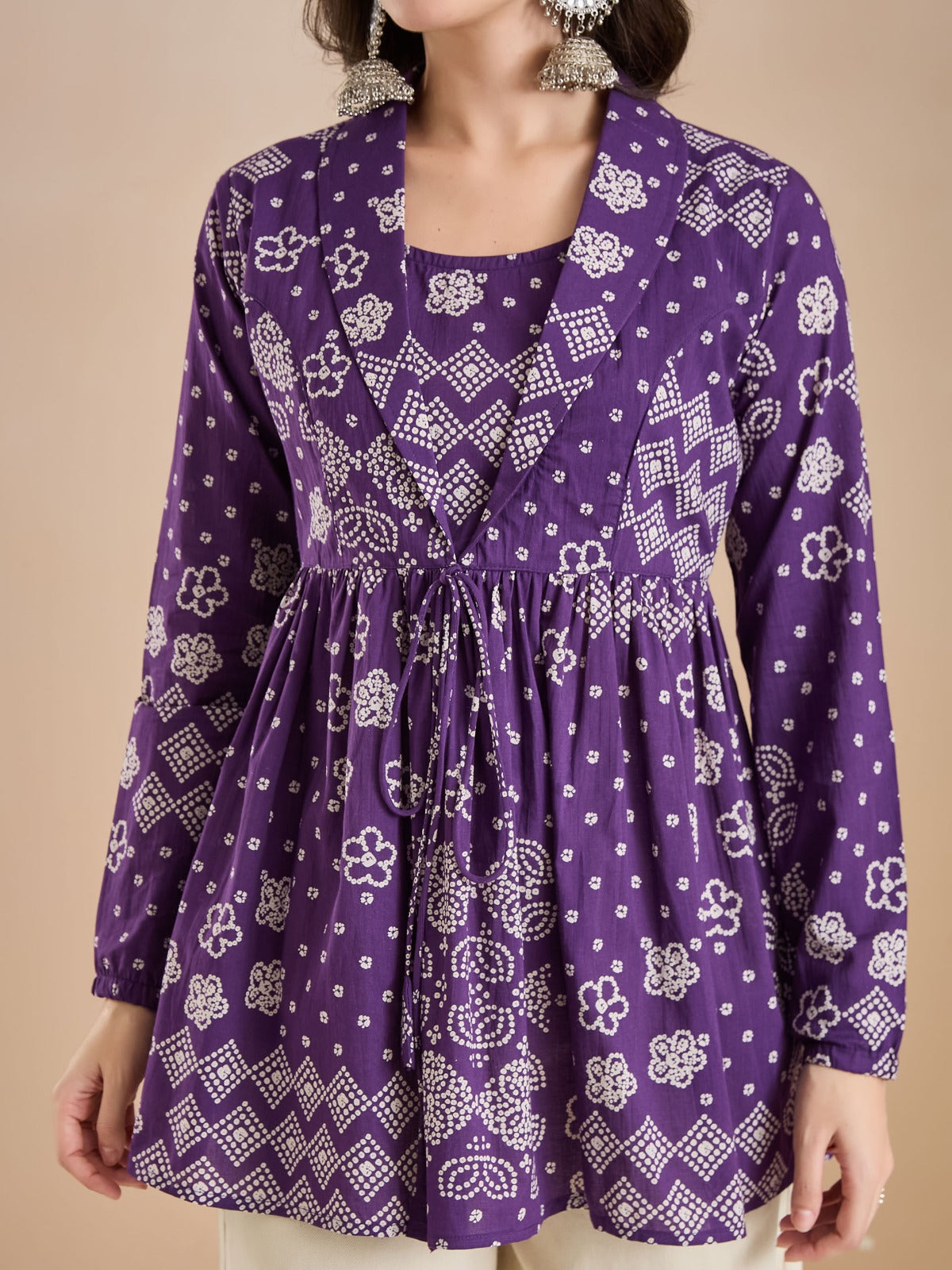 Purple Bandhani Print Cotton Peplum Fit Top
