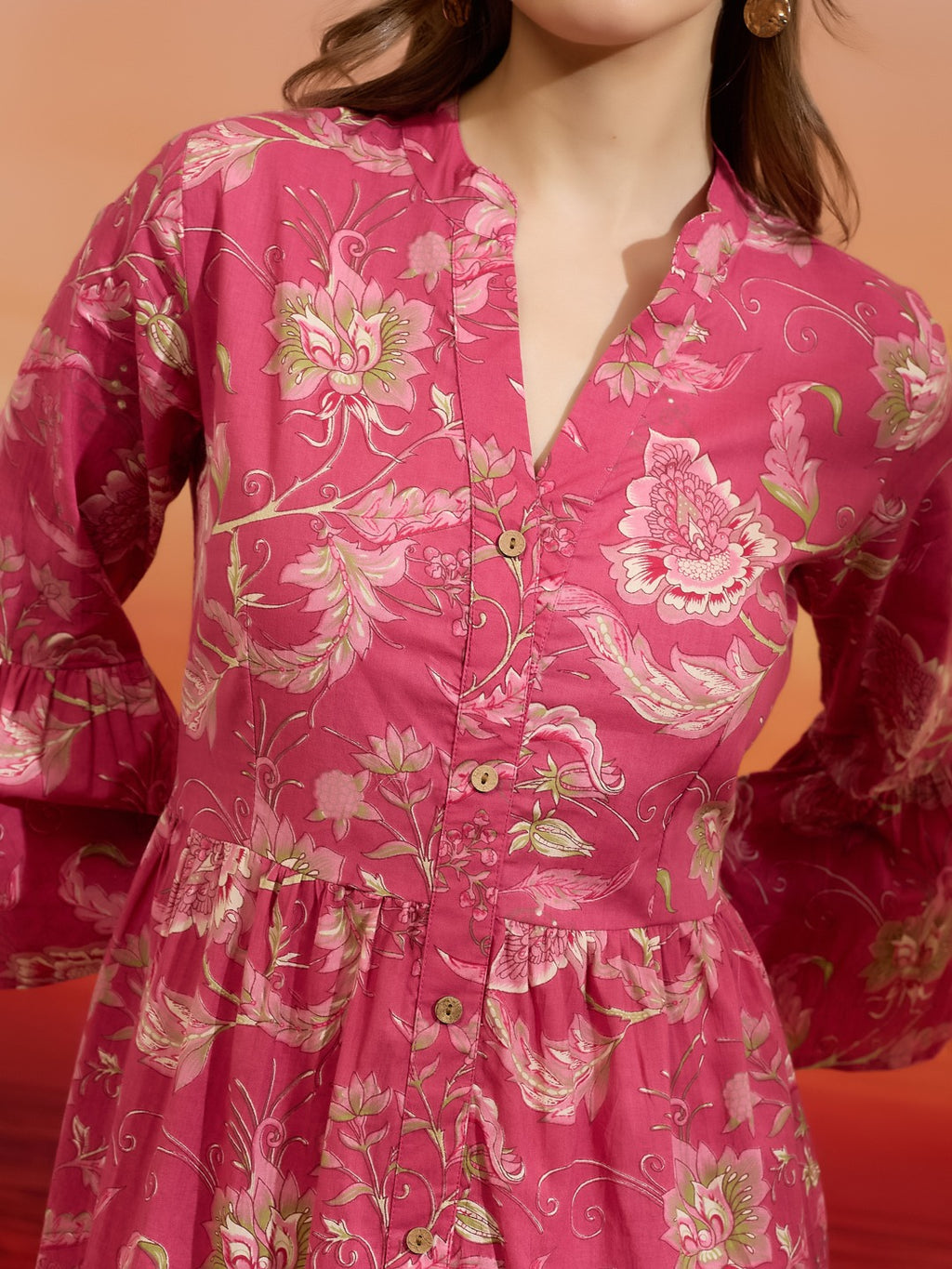 Pink Floral Printed Pure Cotton Tiered Flared Dress