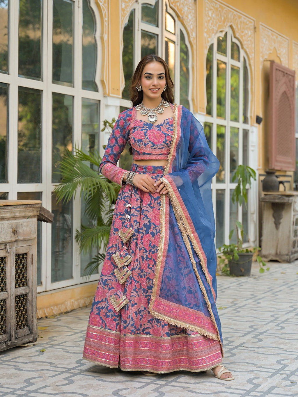 Blue Printed Lehenga with Choli and Dupatta