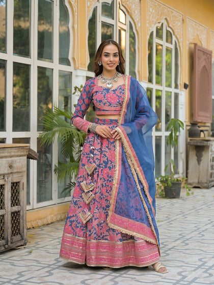 Blue Printed Lehenga with Choli and Dupatta