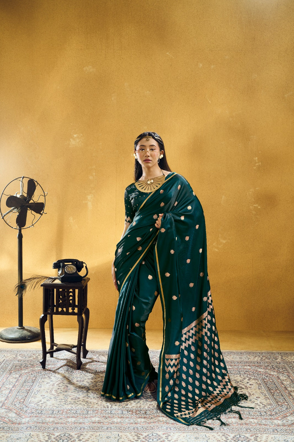 Premium Handloom Satin Silk Saree with Zari Motifs & Chevron Pallu
