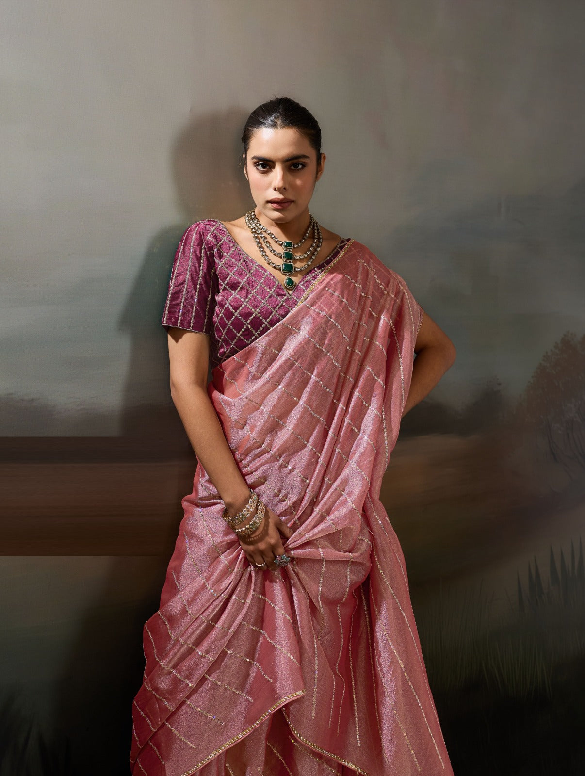Grainy Moss Chiffon Saree with Cutdana Border & Heavy Embroidered Blouse