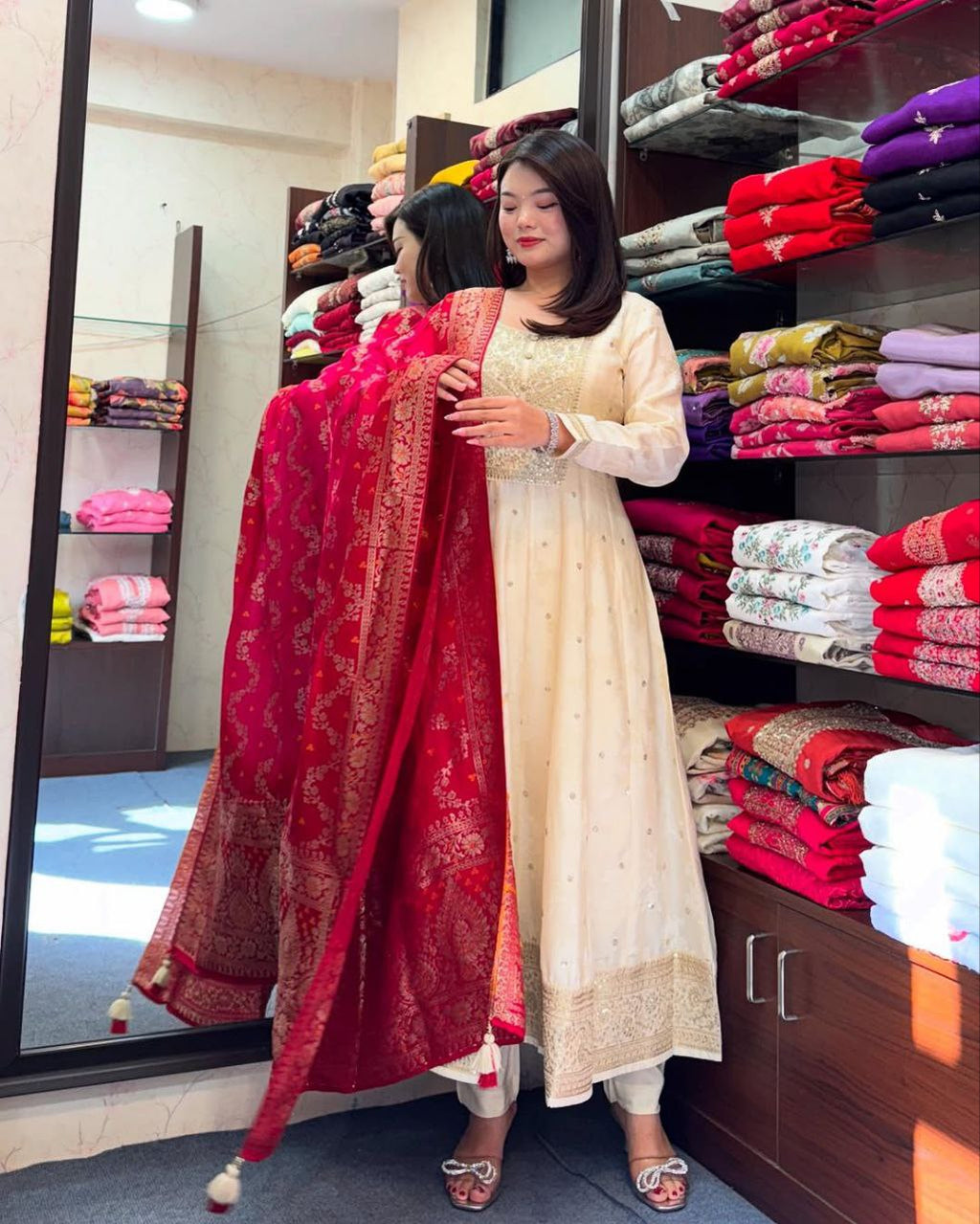 Golden Zari Banana Silk Anarkali Suit Set with Banarasi Silk Dupatt