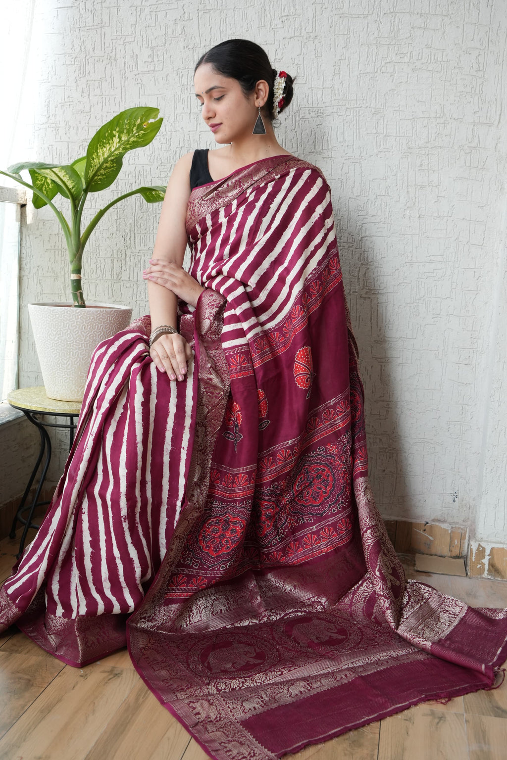Pure Dola Silk Ajrakh Hand Block Printed Saree with Elegant Printed Blouse