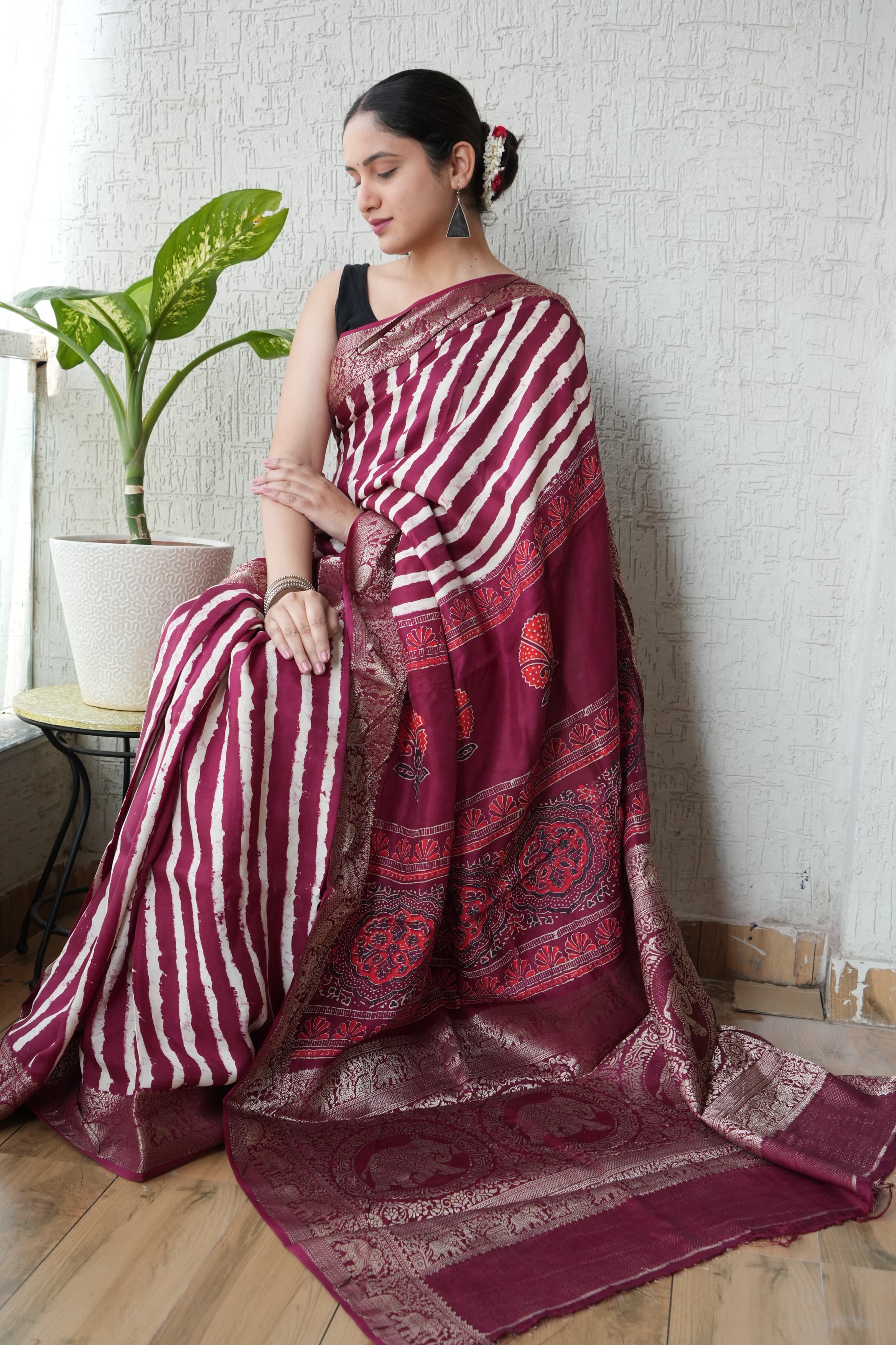 Pure Dola Silk Ajrakh Hand Block Printed Saree with Elegant Printed Blouse