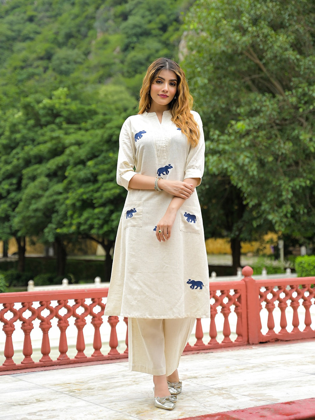 Off White Embroidered Cotton Flex A-Line Kurta Palazzo Set