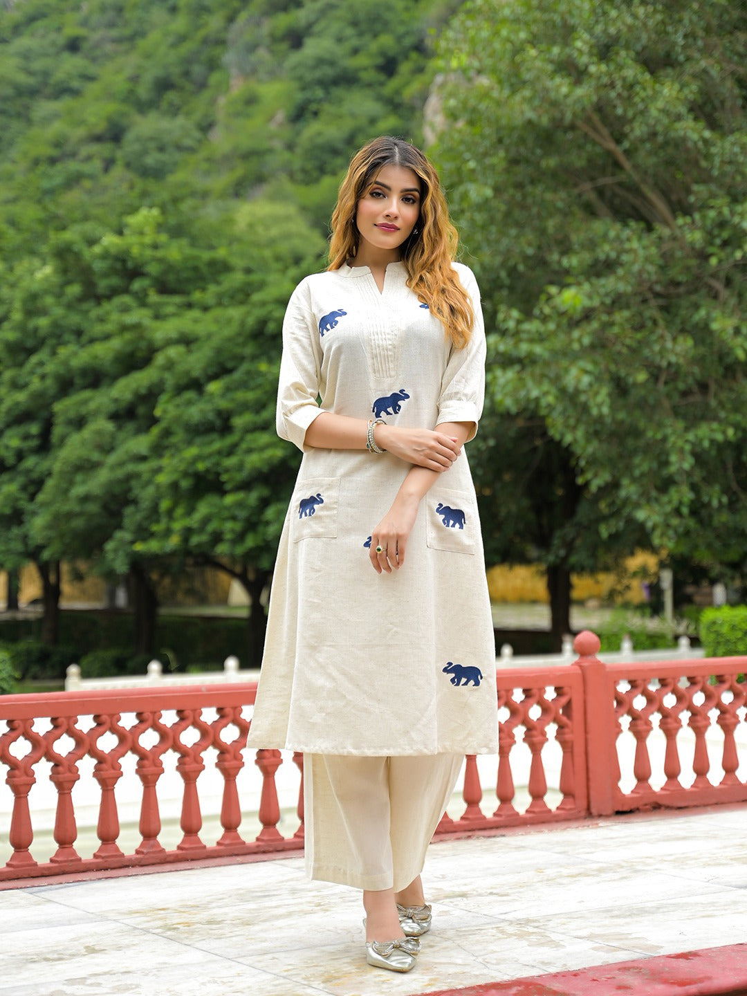 Off White Embroidered Cotton Flex A-Line Kurta Palazzo Set