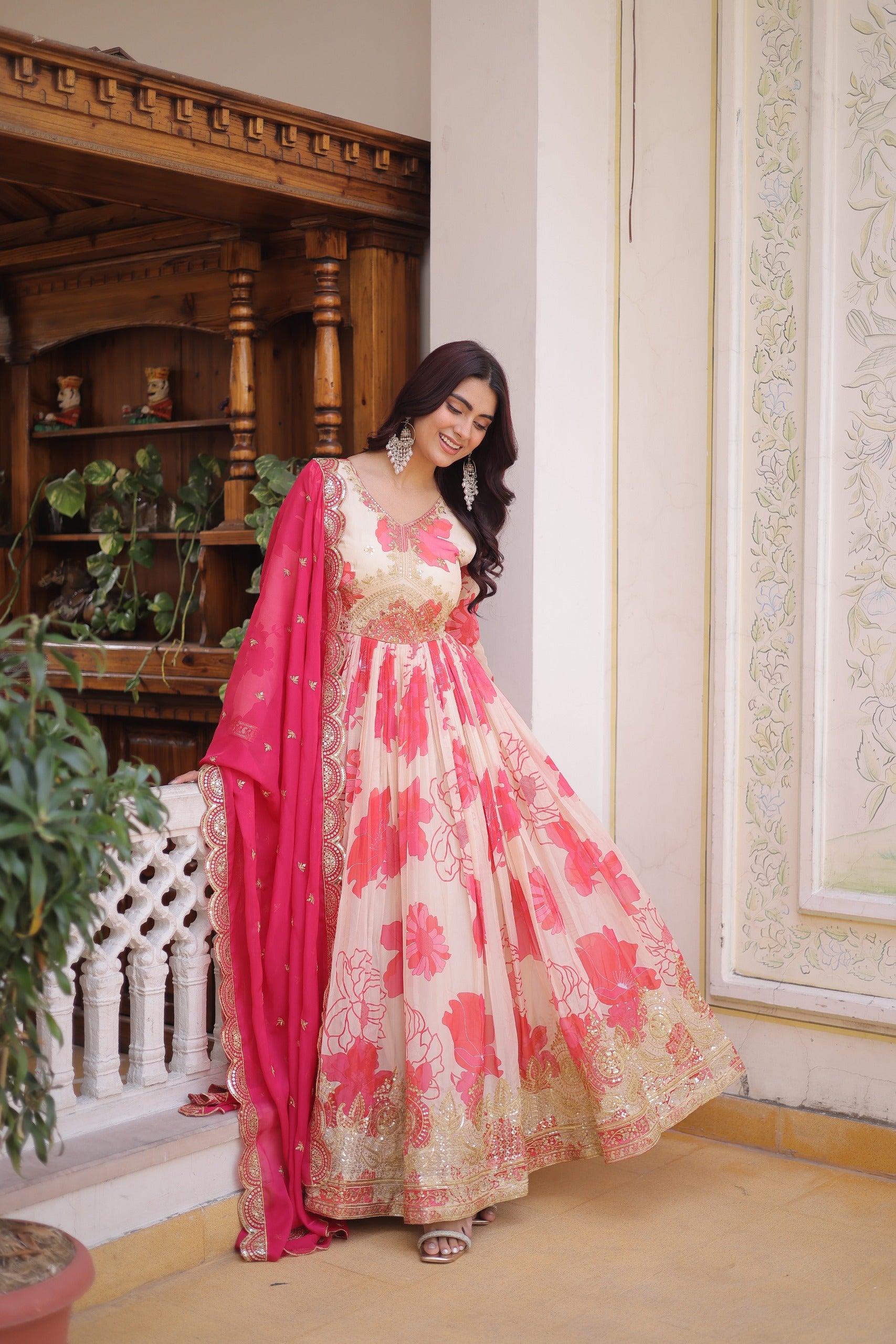 Shop Floral Russian Silk Embroidered Gown & Dupatta Set