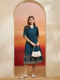 Teal Blue Embroidered Cotton Flex Dress with Collared Neck & Front Buttons