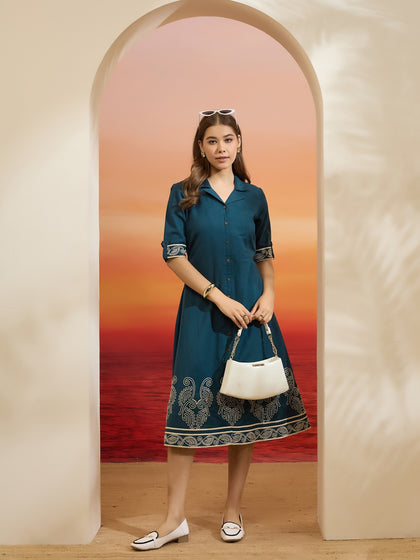 Teal Blue Embroidered Cotton Flex Dress with Collared Neck & Front Buttons
