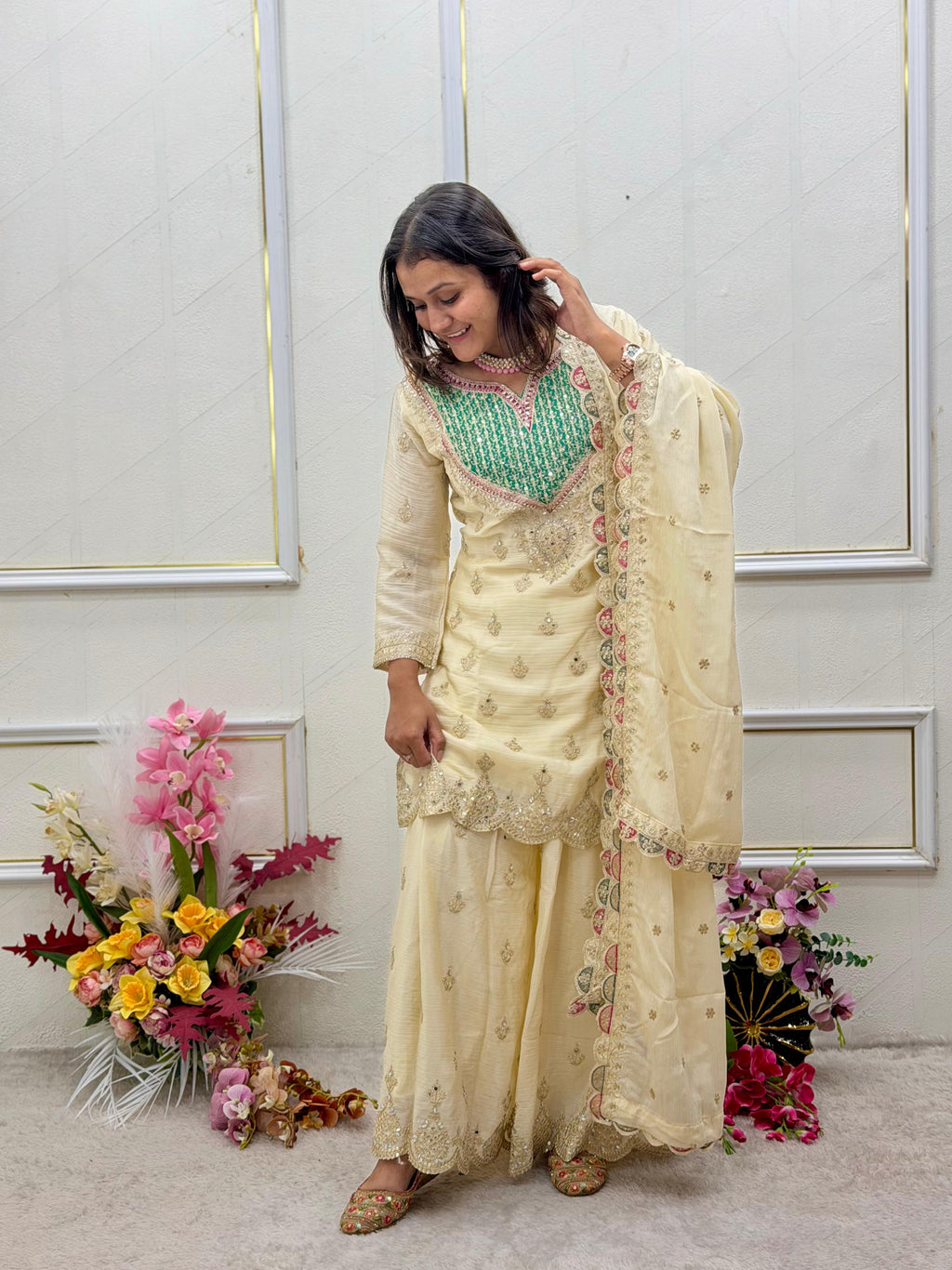 Gleam in Opulence: Fully Stitched Chinon Silk Sharara Suit Set with Emerald Yoke & Mirror Diamond Handwork