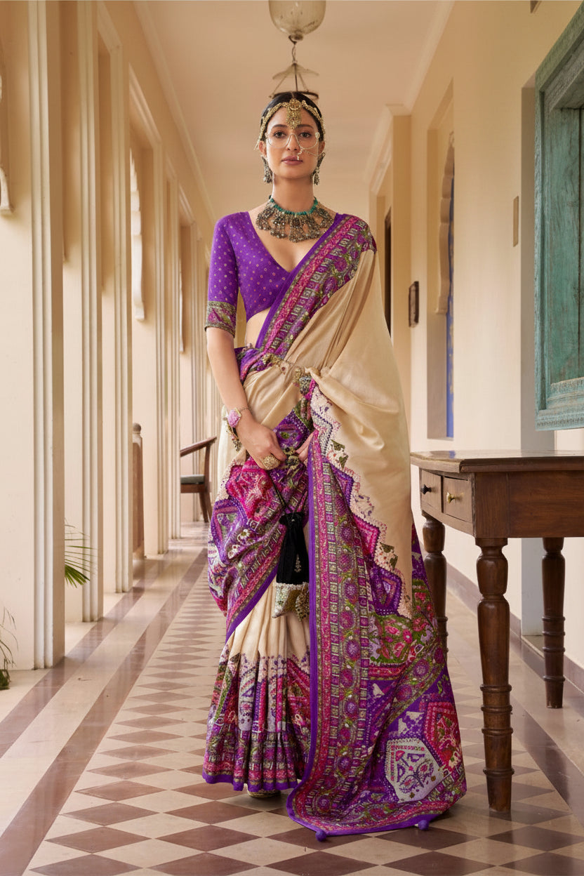Mercerized Sigma Silk Saree | Classic Position Print in Tussar Color