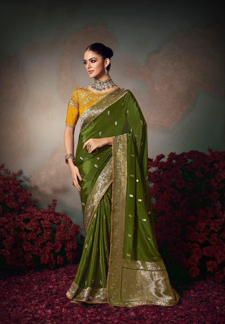 Chiniya Silk Saree with Designer Lace Border & Heavy Embroidered Silk Blouse