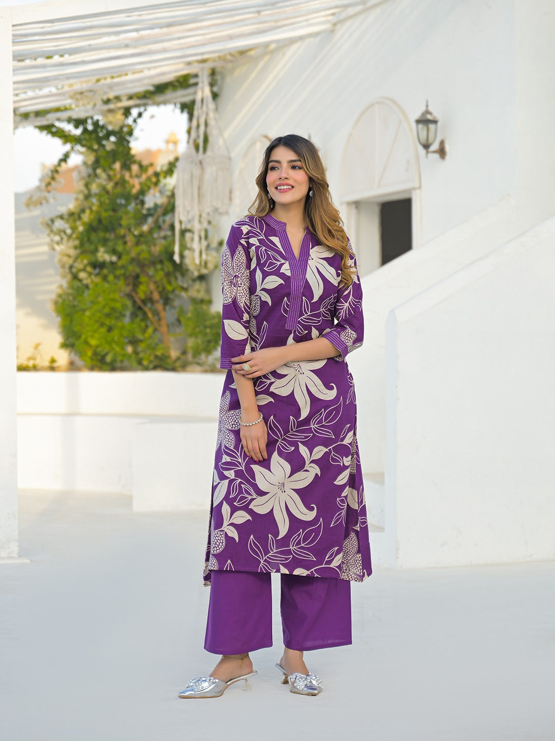 Purple Printed Kurta with Plazzo
