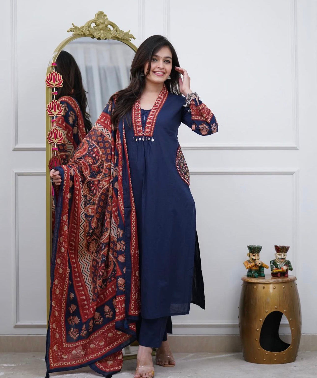 Elegant Blue Cotton Kurti Set with Handwork Detailing