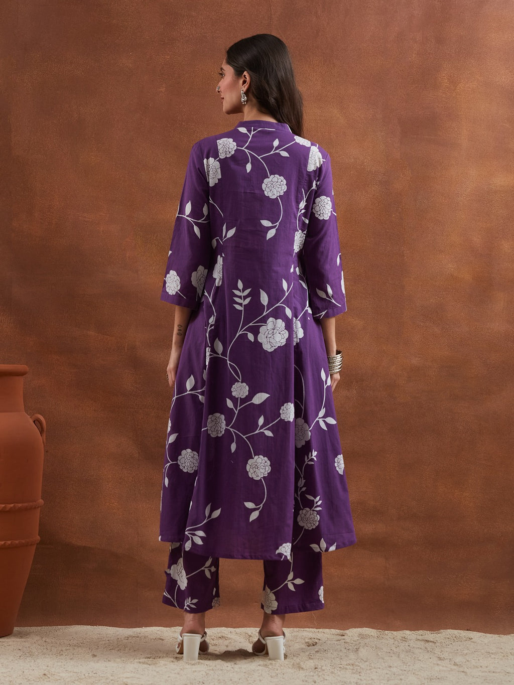 Purple Cotton Printed Anarkali Kurta Set with Mandarin Split V-Neck