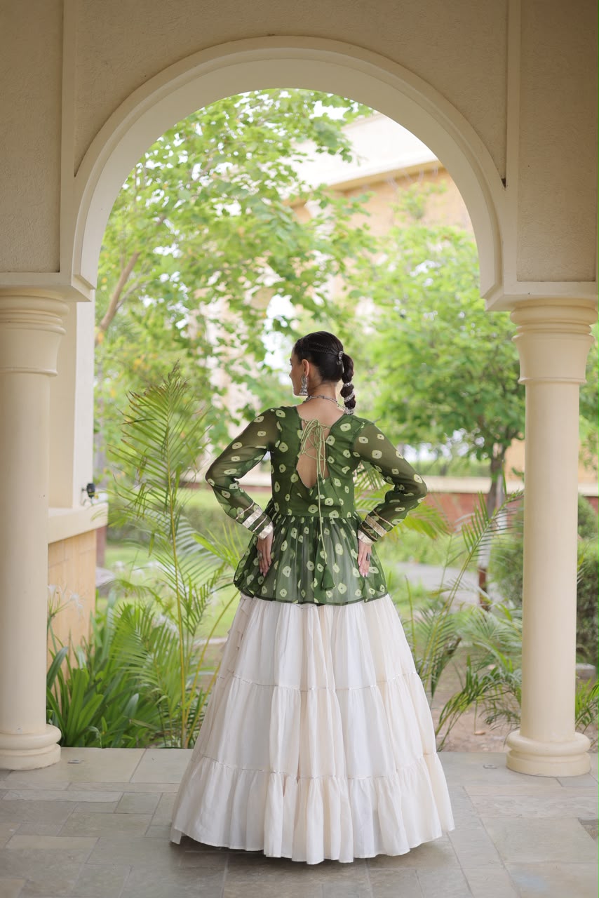 Kutchi Gamthi Patchwork Bandhani Top with Tiered Kora Cotton Lehenga