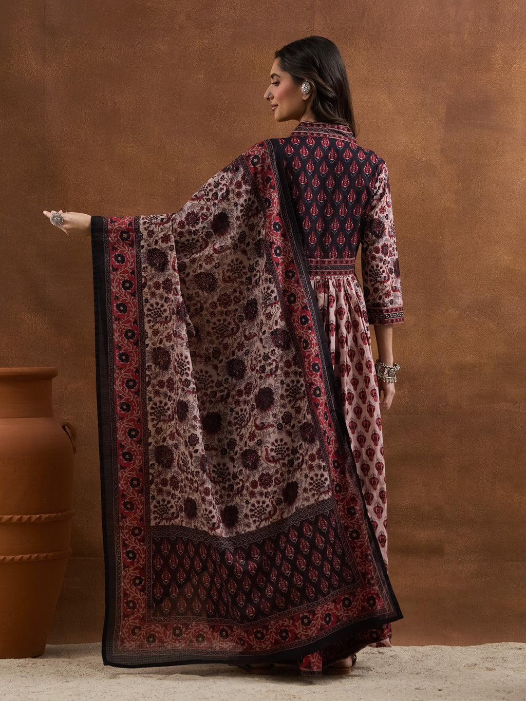 Dusty Pink Floral Printed Cotton Anarkali Kurta Set with Pants & Dupatta