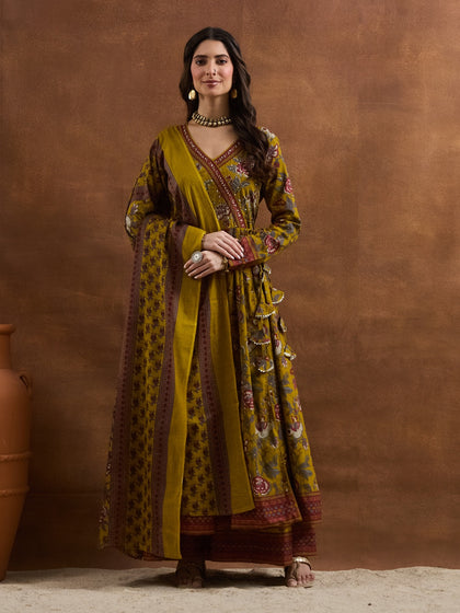 Elegant Mustard Yellow Floral Cotton Anarkali Set with Latkans & Dupatta