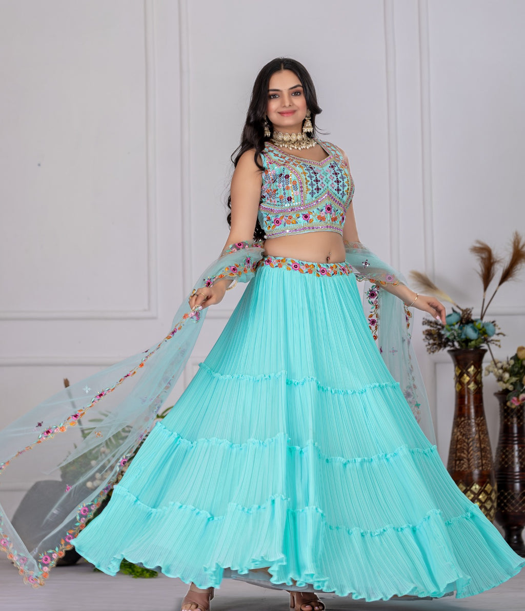 Georgette Pleated Lehenga Set with Embroidered Blouse | Festive Wear