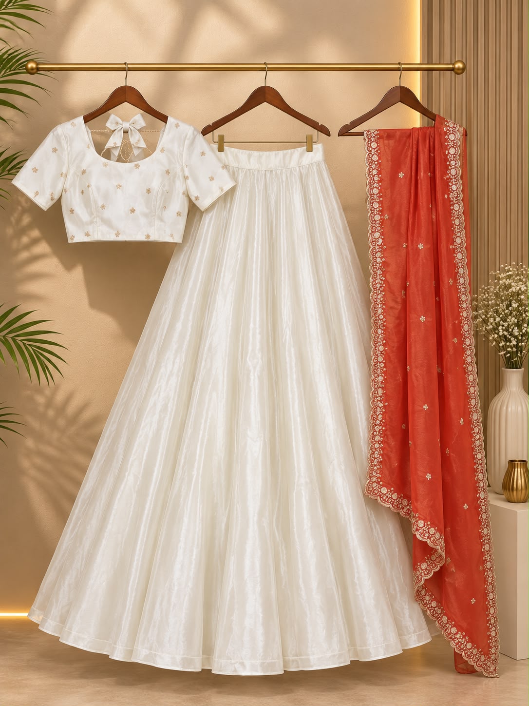 Off-White Chinon Silk Lehenga Set | Flared Festive Suit with Tissue Dupatta