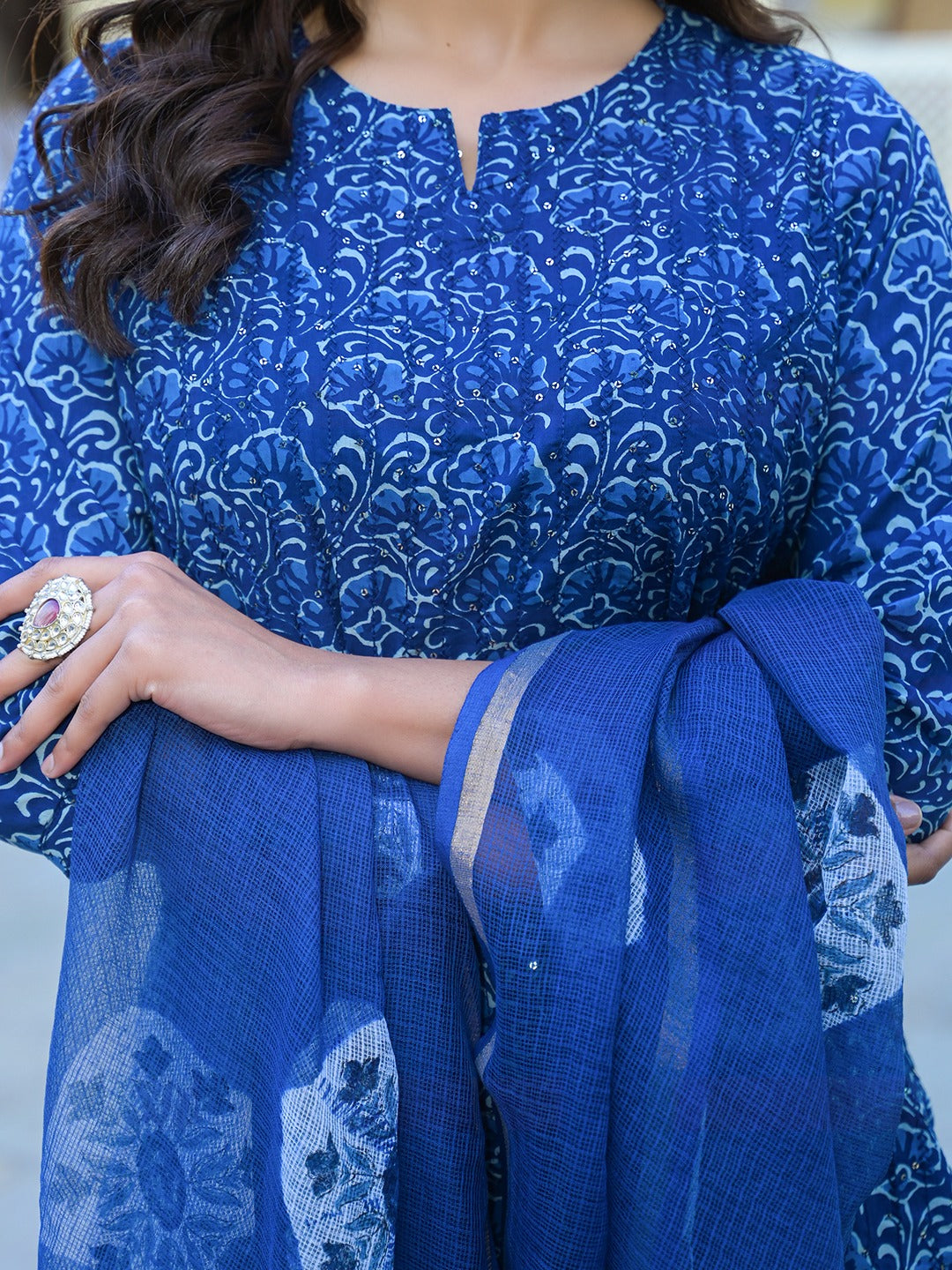 Elegant Blue Sequined Cotton Kurta Set with Kota Doria Dupatta