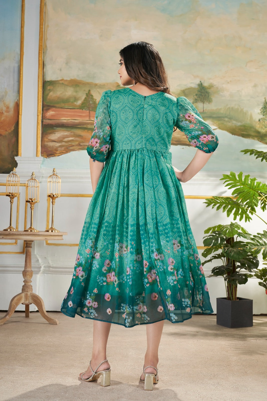 Radiate Effortless Elegance: Vibrant Green Printed Muslin Mix Dress with 4-Meter Voluminous Flair