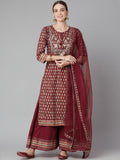 Maroon Gotta Patti Cotton Straight Kurta Palazzo Set with Sheer Net Dupatta