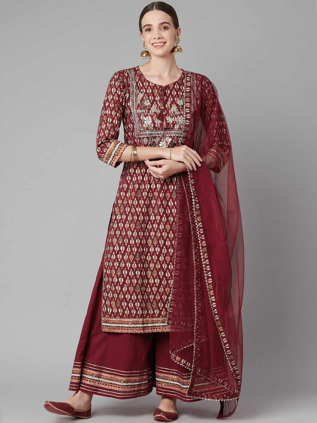 Maroon Gotta Patti Cotton Straight Kurta Palazzo Set with Sheer Net Dupatta