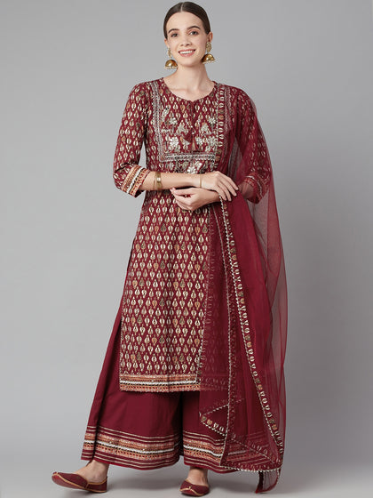 Maroon Gotta Patti Cotton Straight Kurta Palazzo Set with Sheer Net Dupatta