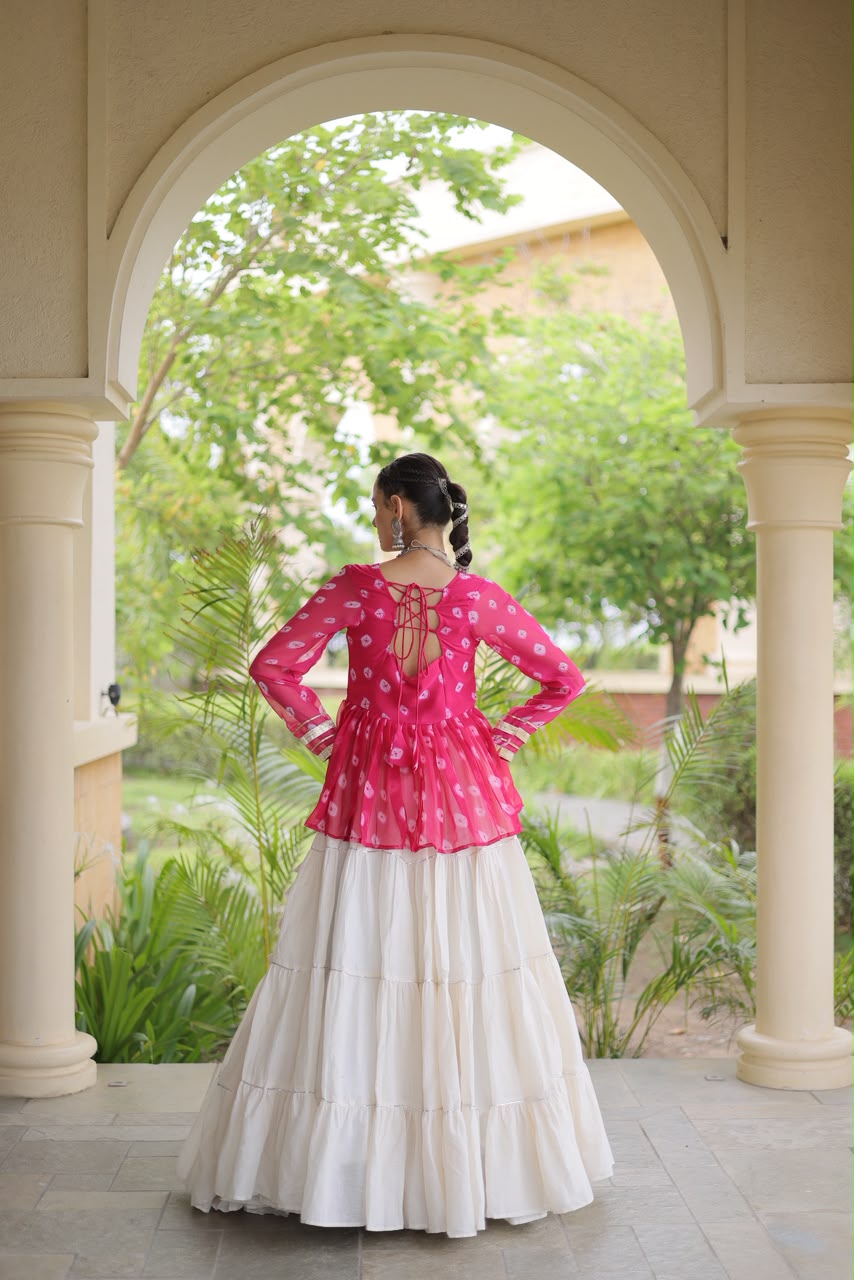 Kutchi Gamthi Patchwork Bandhani Top with Tiered Kora Cotton Lehenga