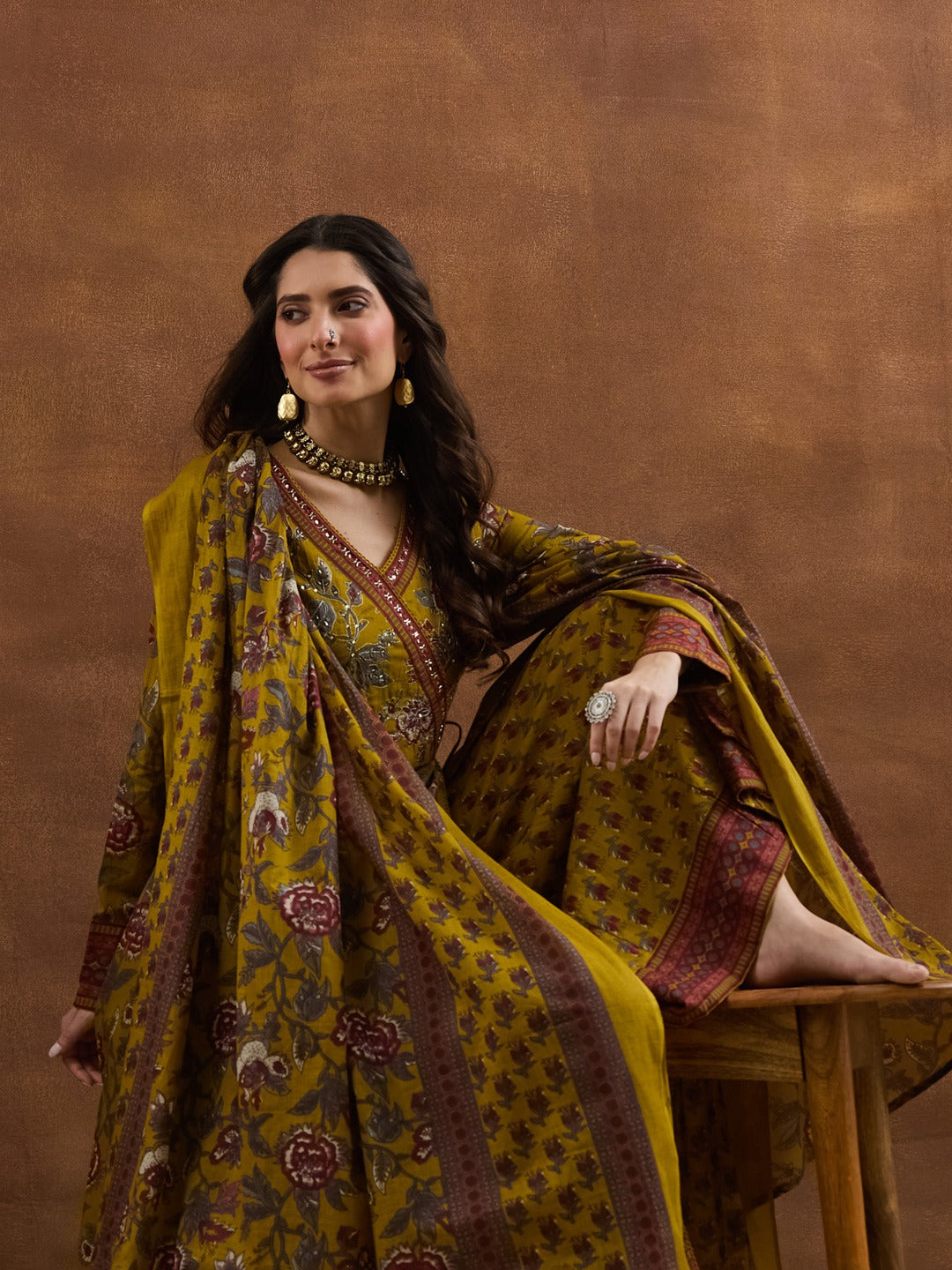 Elegant Mustard Yellow Floral Cotton Anarkali Set with Latkans & Dupatta