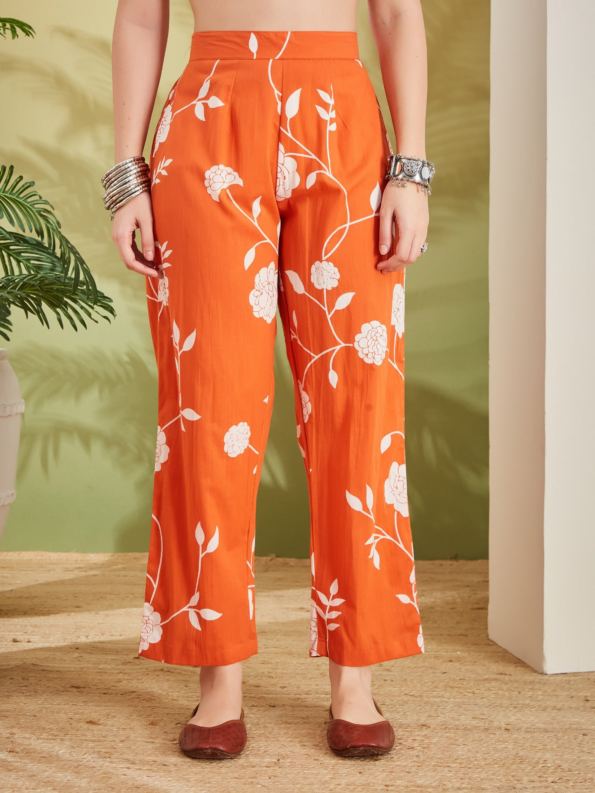Divena Women Printed Pure Cotton Orange Anarkali Kurta With Pants