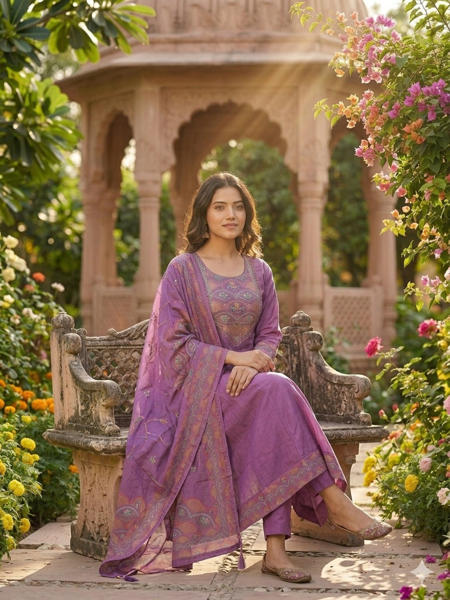 Elegant Lavender-Mauve Roman Silk Suit Set with Handwork Yoke