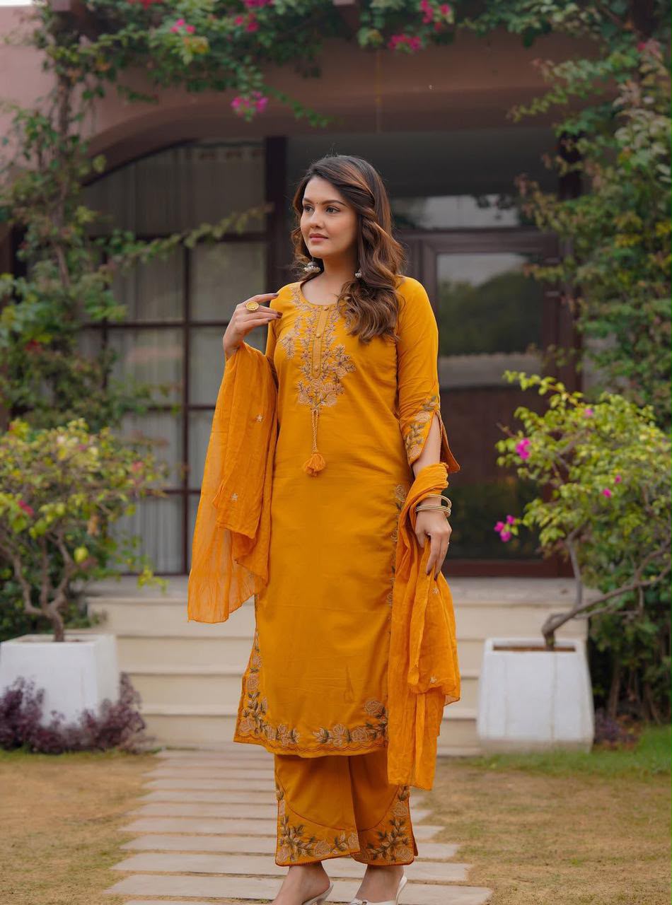 Heavy Embroidered Cotton Kurti Set with Embroidered Plazo, Pocket & Matching Dupatta