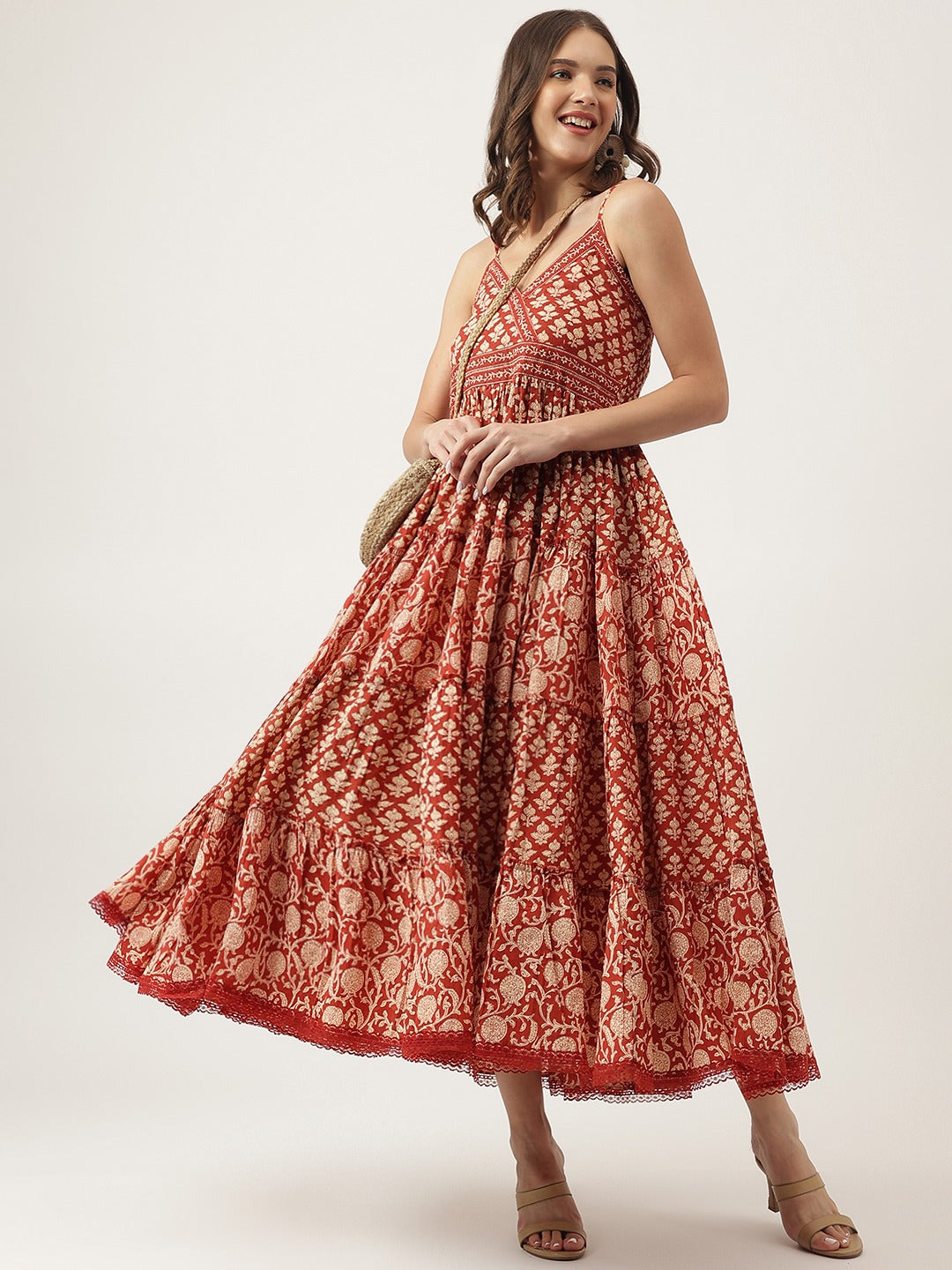 Maroon Floral Tiered Cotton Dress with Sweetheart Neck
