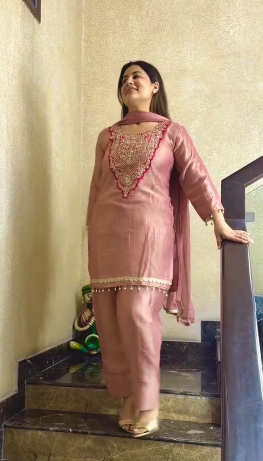 Pure Tissue Salsa Sequence Embroidered 3-Piece Kurti Set with Plazo & Dupatta