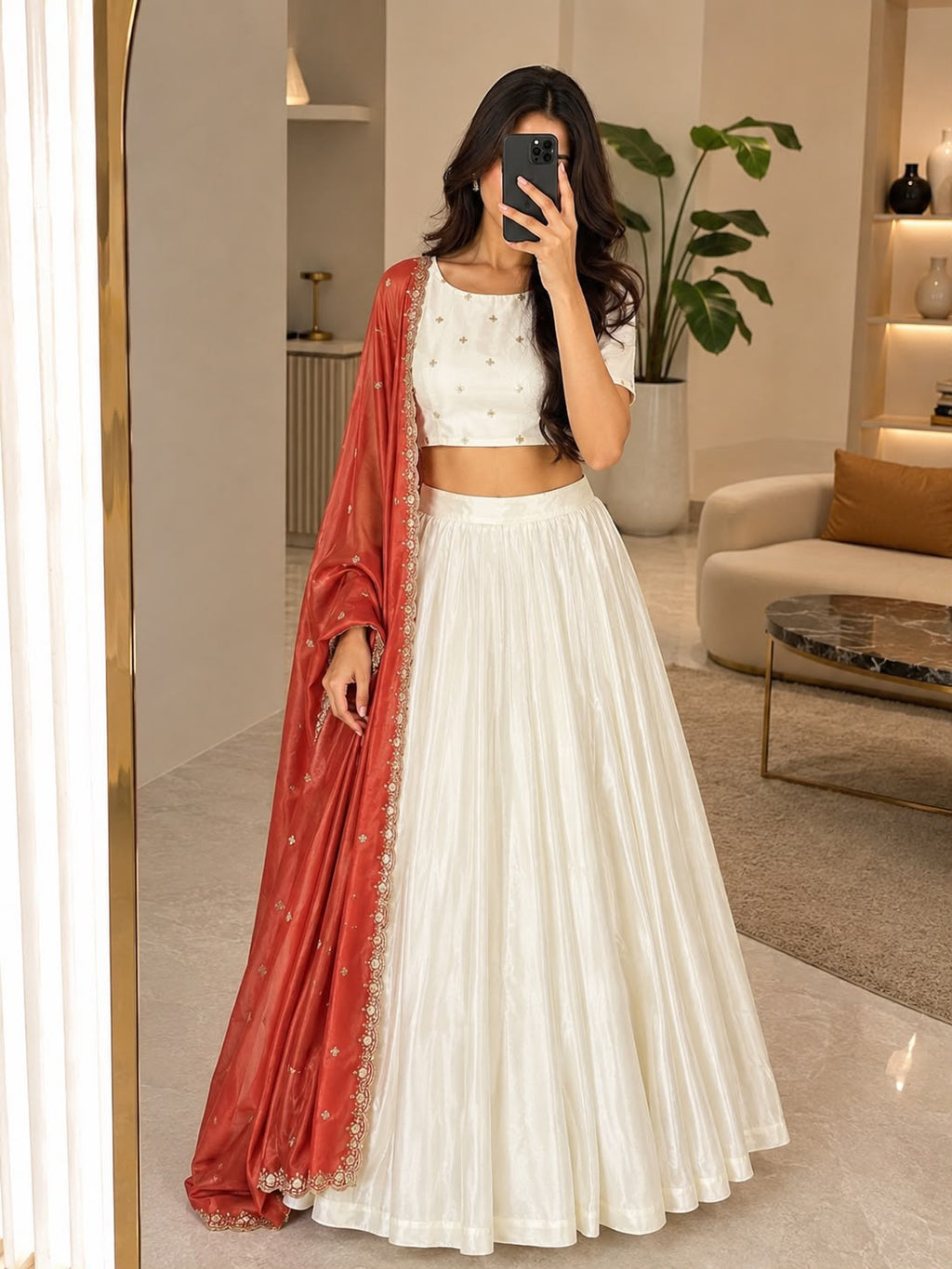 Off-White Chinon Silk Lehenga Set | Flared Festive Suit with Tissue Dupatta