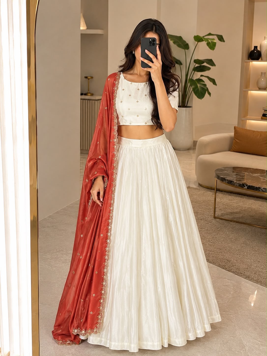 Off-White Chinon Silk Lehenga Set | Flared Festive Suit with Tissue Dupatta