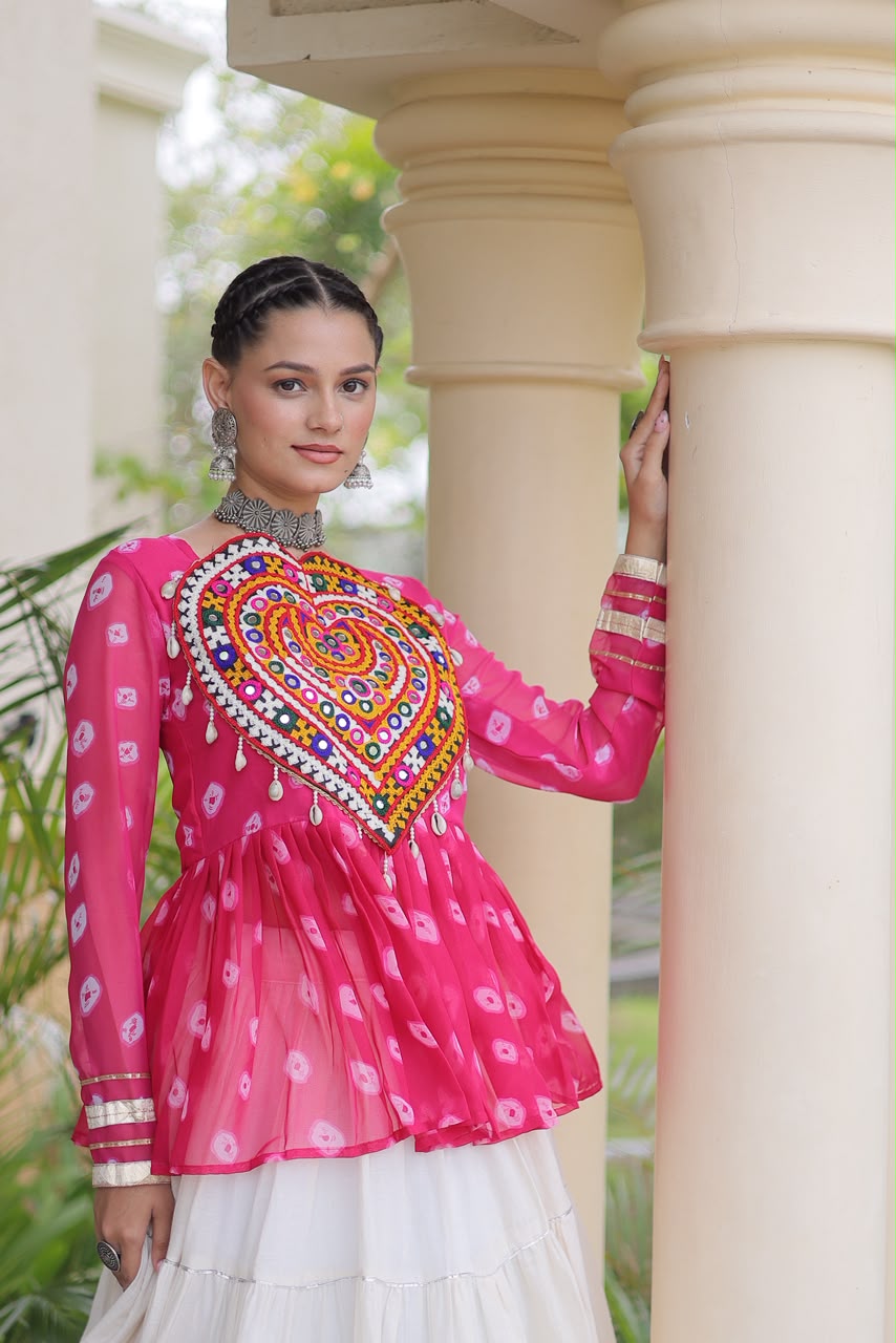 Kutchi Gamthi Patchwork Bandhani Top with Tiered Kora Cotton Lehenga