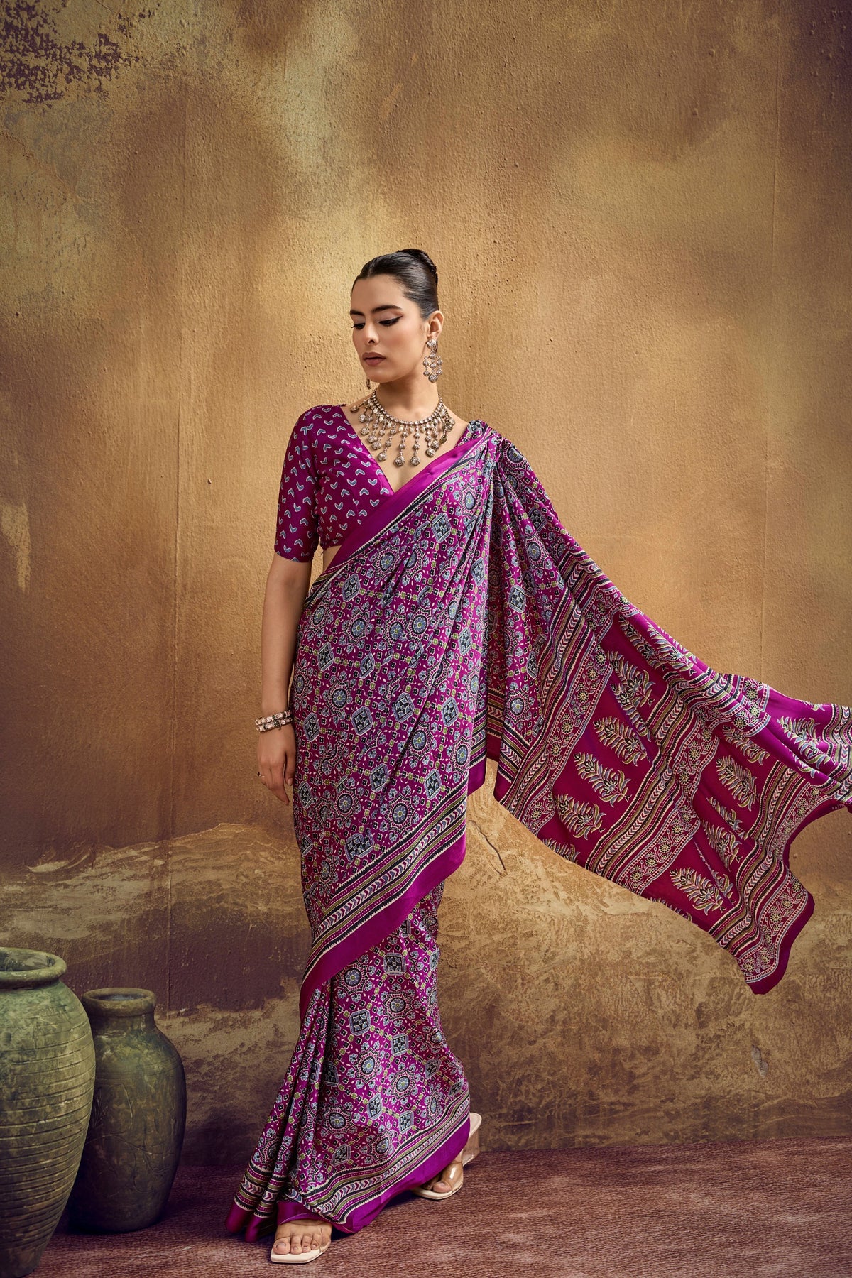 Ajrakh Printed Modal Satin Sarees with Matching Blouse