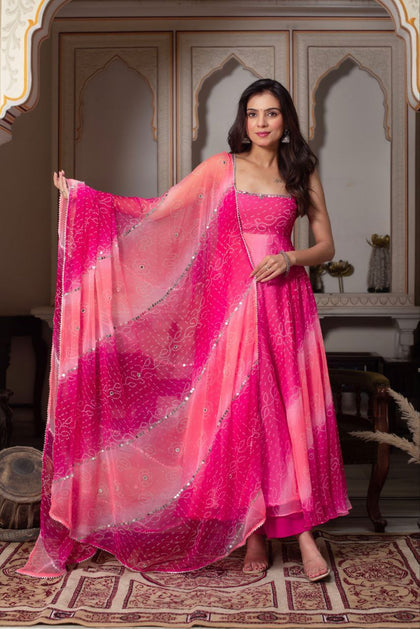 Radiant Pink Georgette Anarkali Suit with Dupatta & Palazzo