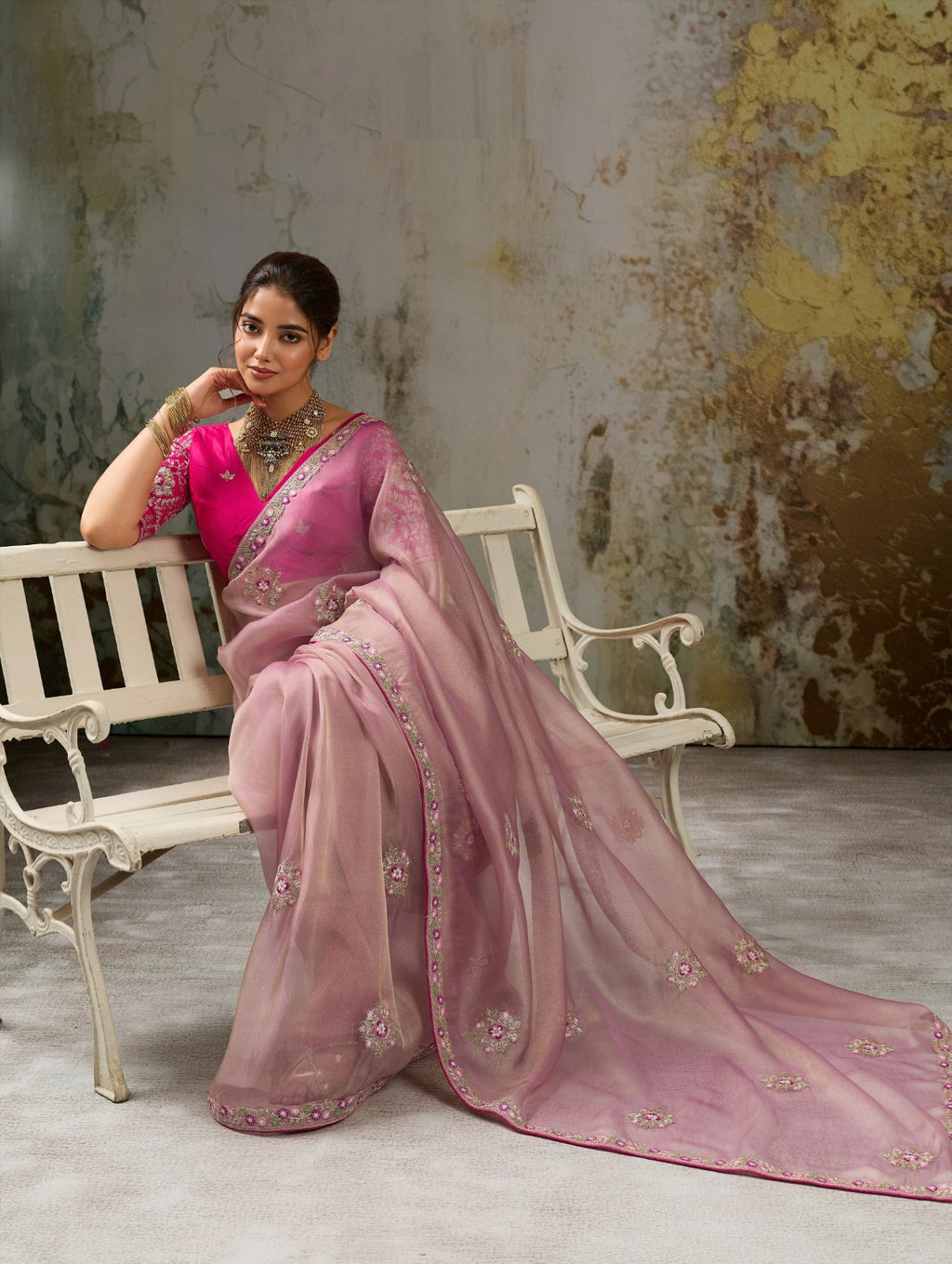 Metallic Tissue Saree with Pita Zari & Antique Sleeve-Embroidered Satin Blouse
