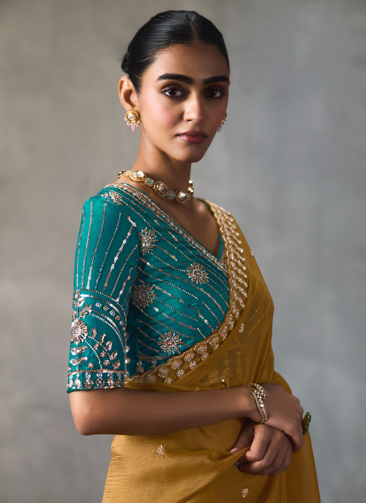 Embellished Sheer Silk Saree with Heavy Contrast Work Blouse