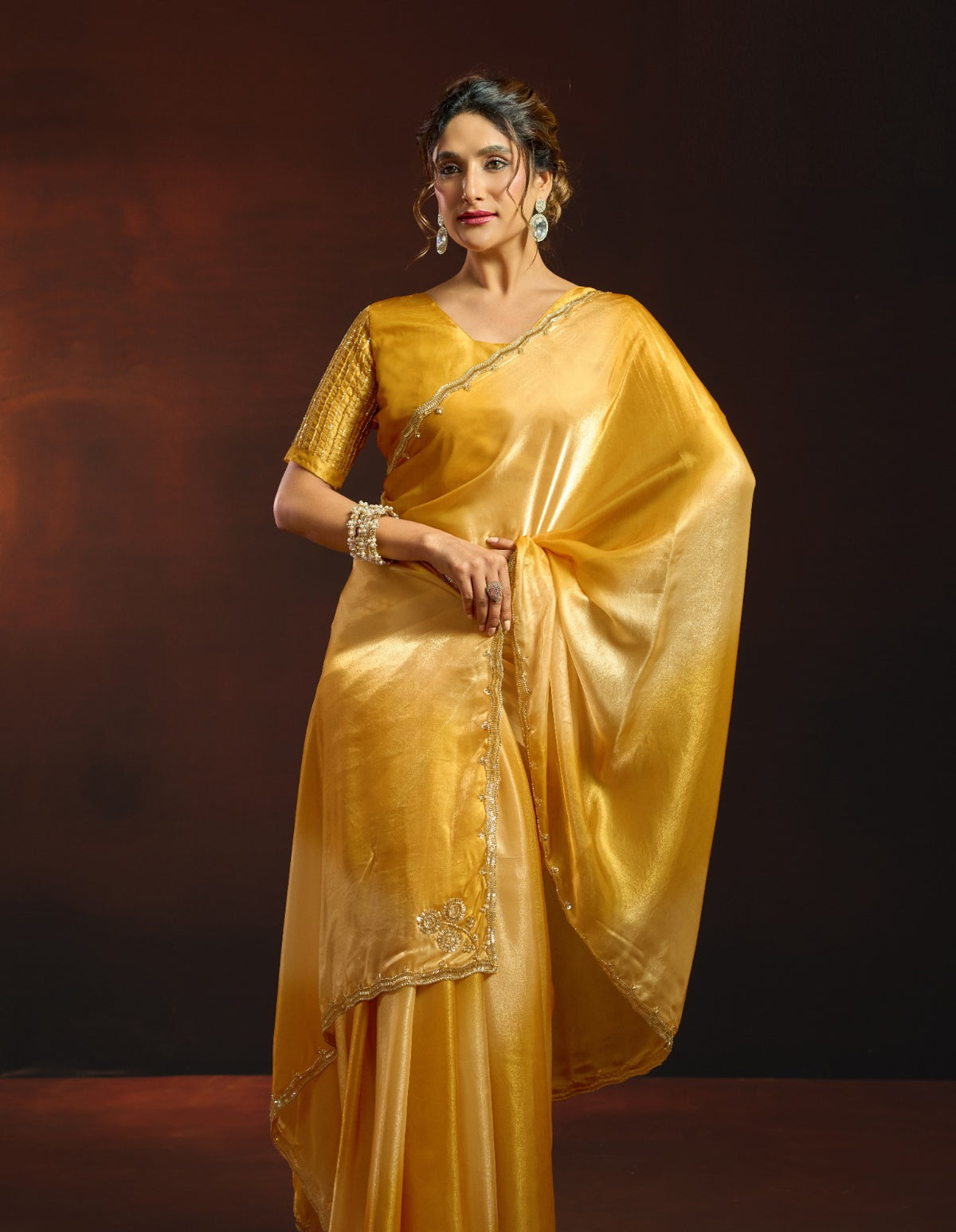 Dual-Tone Digital Shaded Fandy Satin Saree with Intricate Beadwork Border