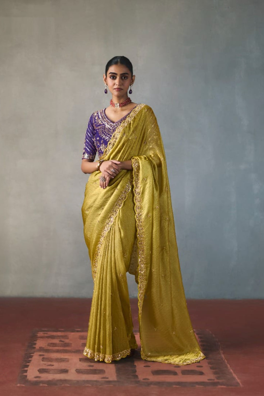 Embellished Sheer Silk Saree with Heavy Contrast Work Blouse