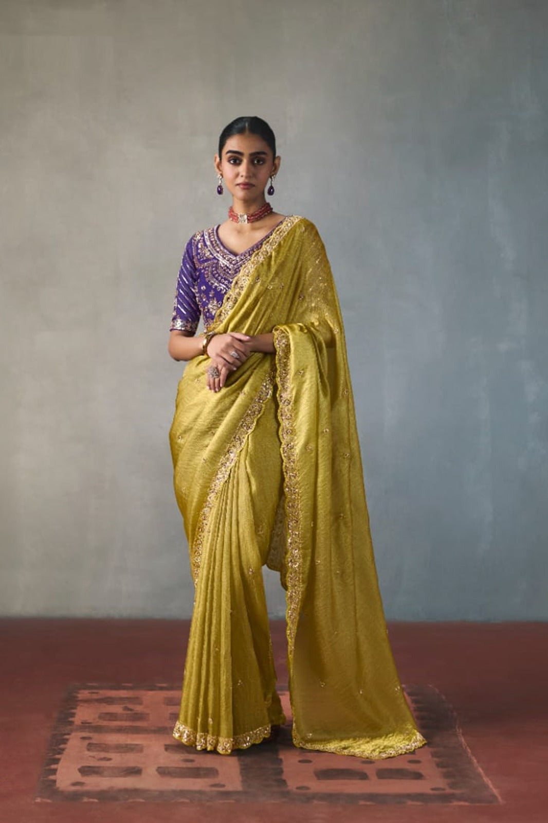 Embellished Sheer Silk Saree with Heavy Contrast Work Blouse