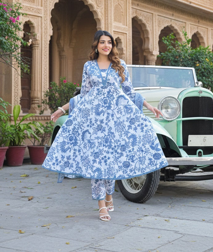 Floral Printed Anarkali Kurta with Trousers & Dupatta